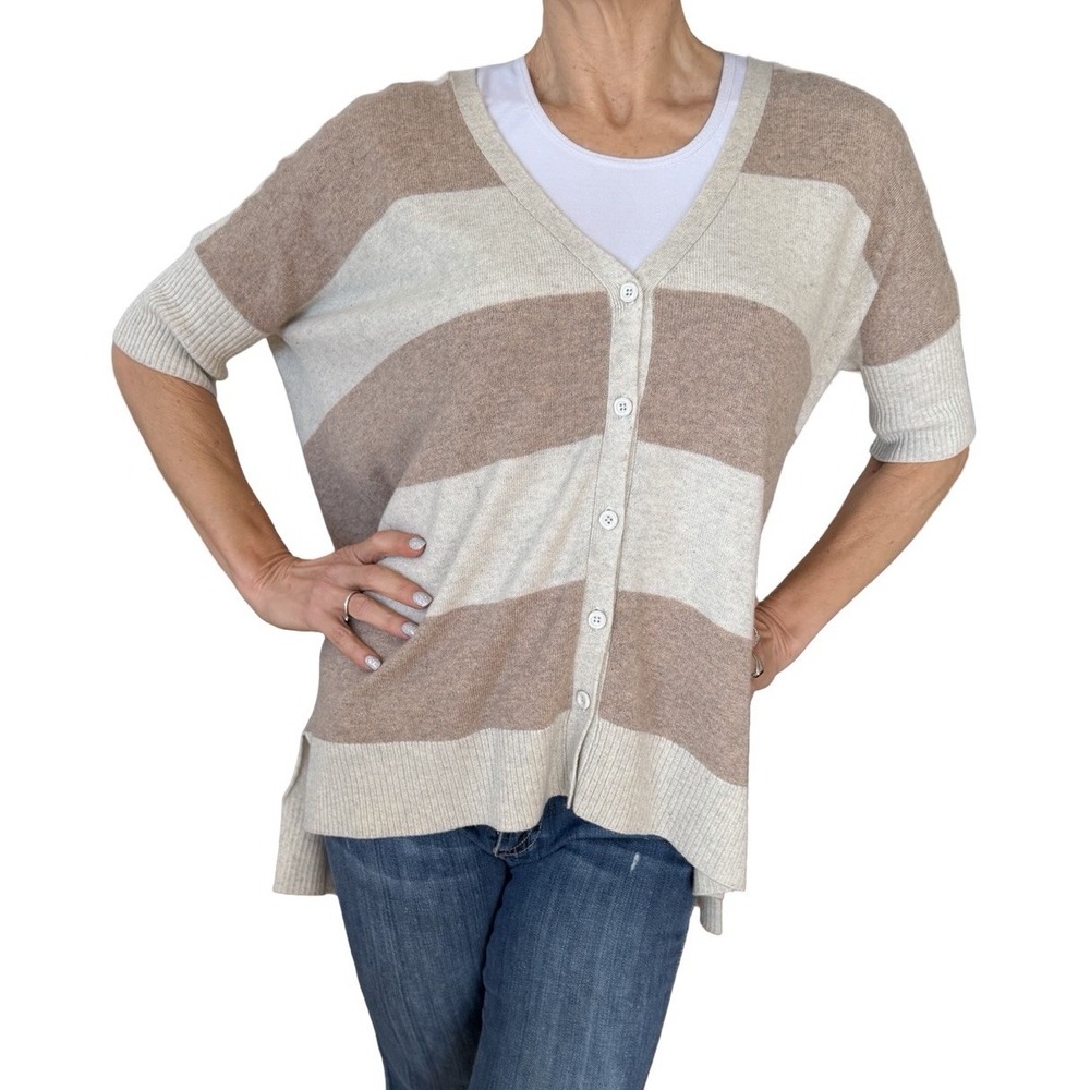 Wythe NY Cashmere Luxury Cardigan Sweater Dolman Short Sleeve Stripe Beige S